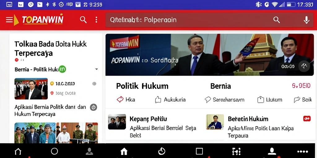 Tampilan antarmuka aplikasi TOPANWIN dengan berita politik dan hukum.
